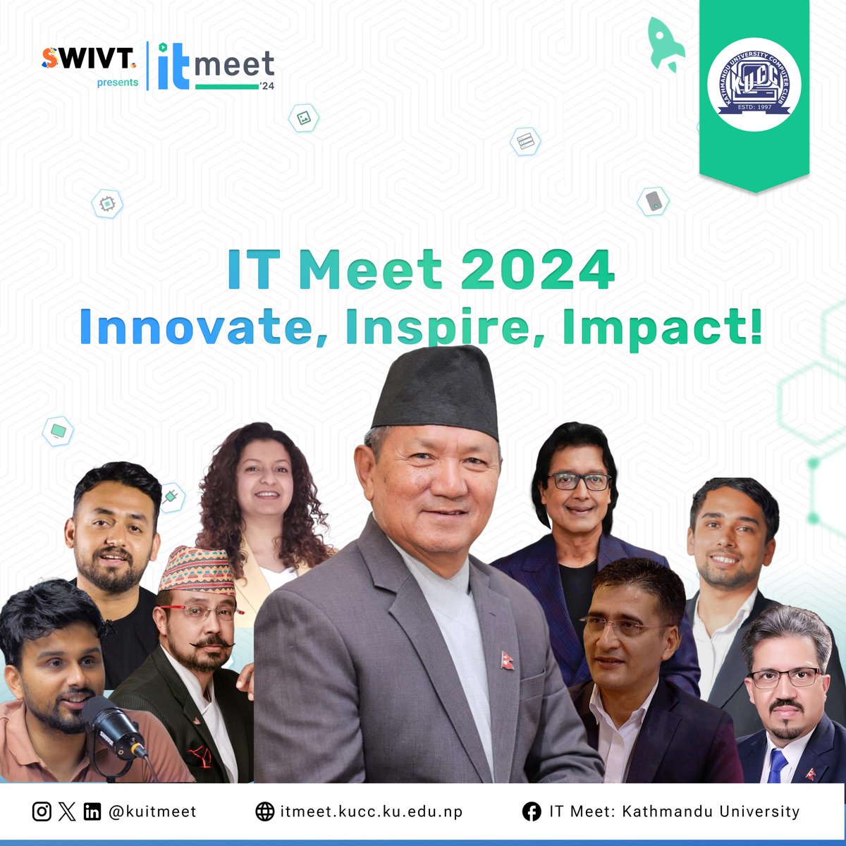 kuitmeet's tweet image. We are honored to present an exceptional lineup of distinguished speakers for IT Meet 2024!
Join us at Kathmandu University to connect with these remarkable thought leaders .
Let’s collaborate to make a meaningful impact at IT Meet 2024!
#itmeet #itmeet24 #KathmanduUniversity