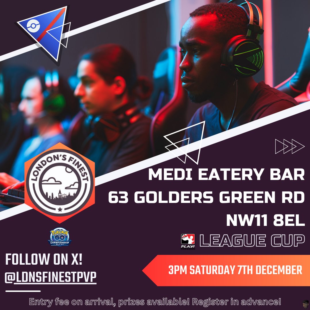 Northwest #London are hosting a #PokemonGO League Cup in the Golders Green area thanks to <a href="/deanosky1/">deanosky</a>!

🗓️Date: Sat 7th Dec @ 3pm
🔥 RSVP for #Ambassador Rewards from <a href="/StarsMmd/">Stars</a>: cmpf.re/JpWXDz 
🗺️Map: maps.app.goo.gl/8nEqpTqznBE5Ab…

Come and #PlayPokemon with London's Finest!