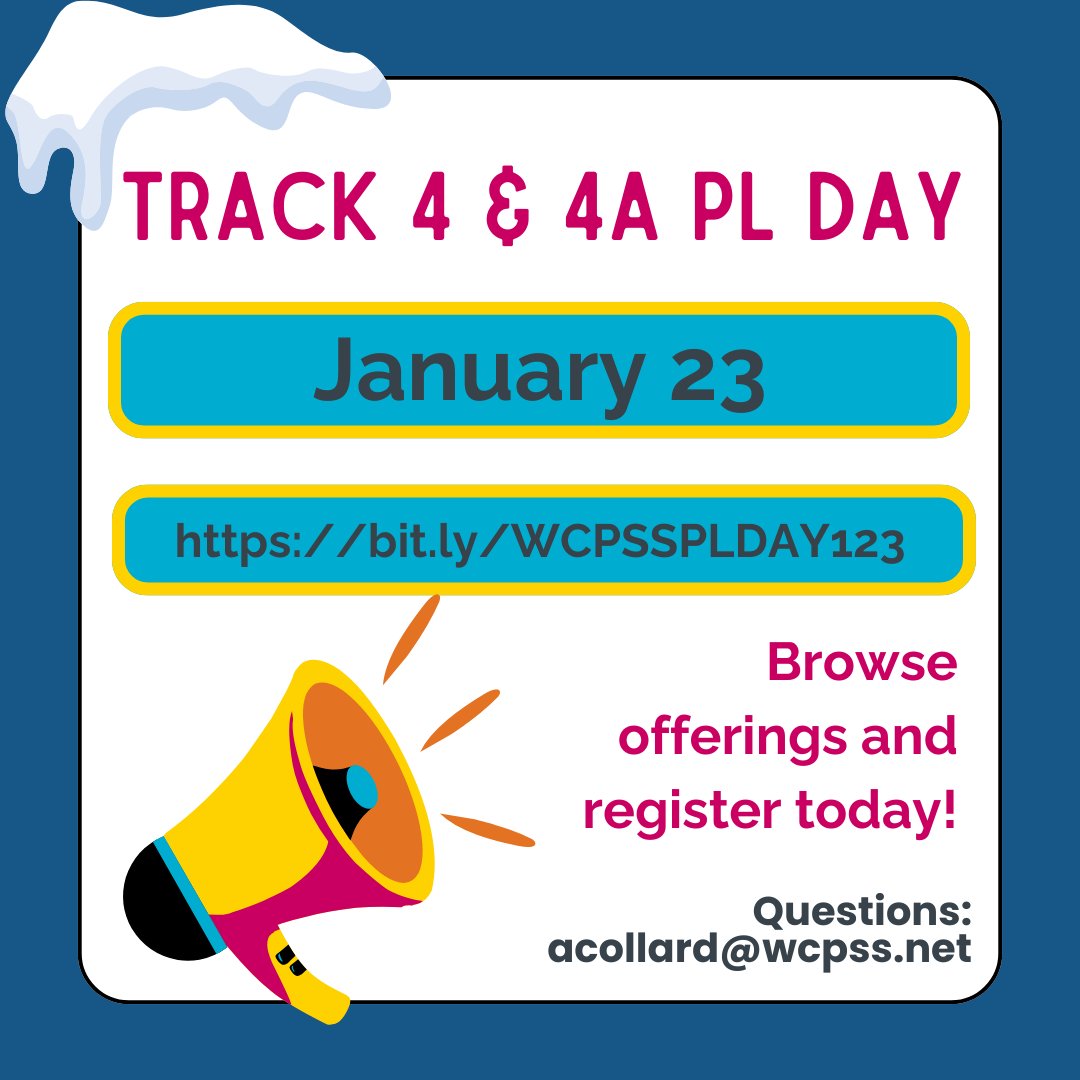 Attention Track 4 &amp; 4A Staff! Browse courses and register for the upcoming January 23 PL Day!
bit.ly/WCPSSPLDAY123