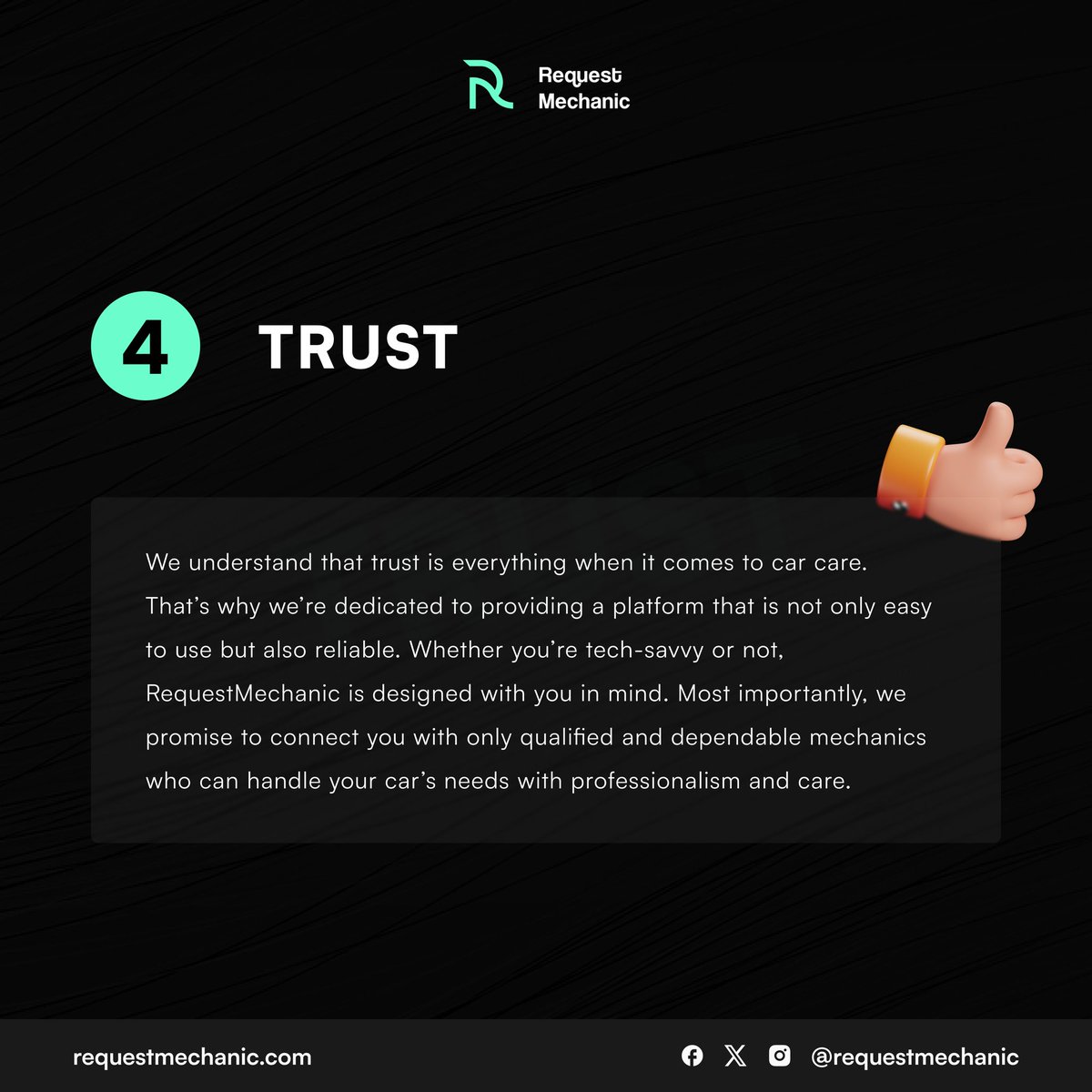 requestmechanic's tweet image. With effective communication and a focus on mutual benefits, we ensure that both customers and mechanics have a win-win experience!
Are you ready to join a community built on values that prioritize your peace of mind?