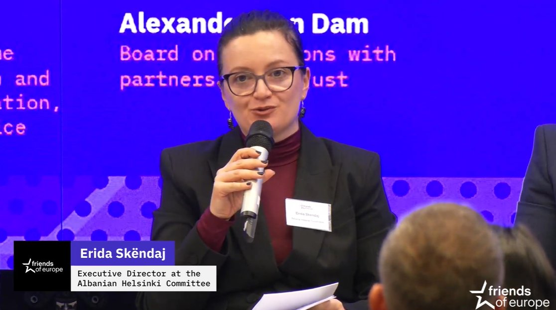 FriendsofEurope's tweet photo. 🇦🇱 On judicial and anti-corruption reforms in Albania, @EridaSkendaj, Executive Director @IKomiteti, argues but there have been positive results but gaps remain.

“Reformation of the #judiciary started 10 years ago due to a lot of concerns regarding independence of judiciary. We want an independent judiciary that keeps the Parliament and Executive accountable. We can say that we have had good results, but #Albania cannot say that it has beaten corruption - it is still highly perceived in Albania.” #BalkansSummit