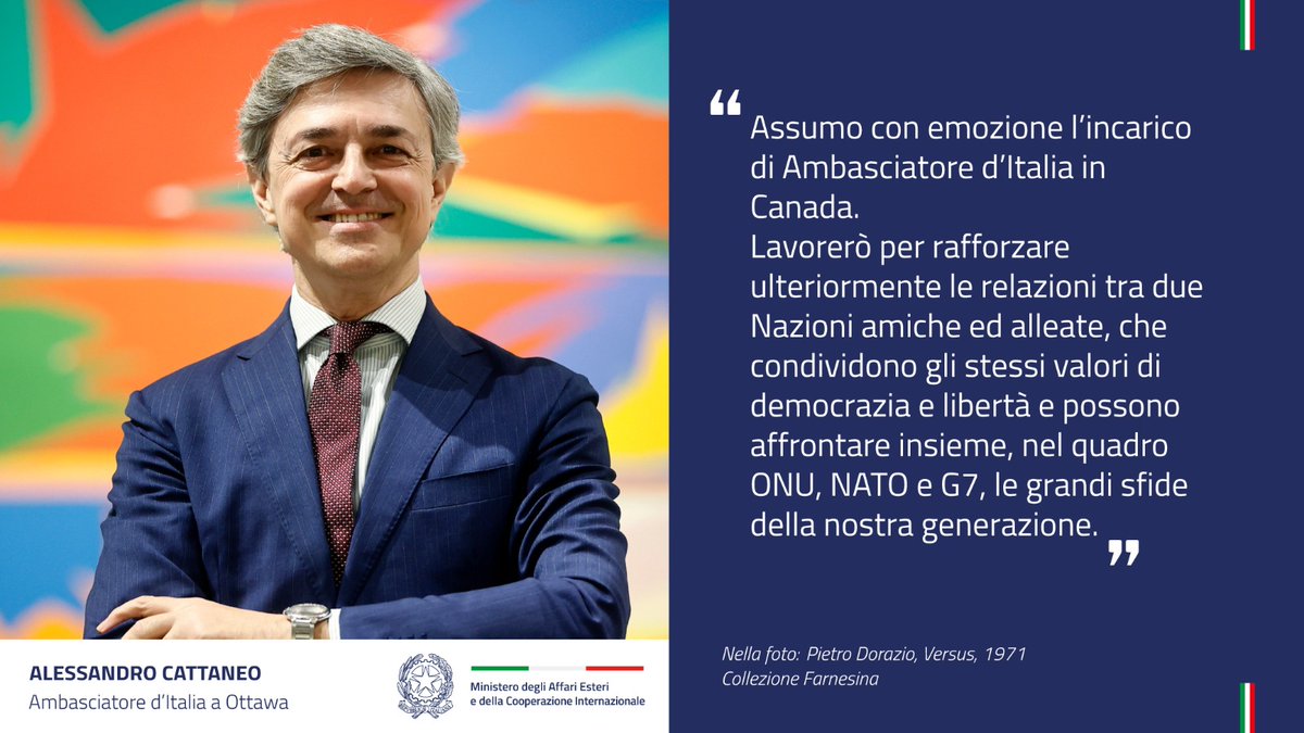 Farnesina ๐ฎ๐น (@italymfa) on Twitter photo Congratulazioni a <a href="/Aless_Cattaneo/">Alessandro Cattaneo</a>, nuovo Ambasciatore dโItalia in Canada ๐ฎ๐น๐ค๐จ๐ฆ
.
<a href="/ItalyinCanada/">ItalyinCanada</a> Congratulazioni a <a href="/Aless_Cattaneo/">Alessandro Cattaneo</a>, nuovo Ambasciatore dโItalia in Canada ๐ฎ๐น๐ค๐จ๐ฆ
.
<a href="/ItalyinCanada/">ItalyinCanada</a>
