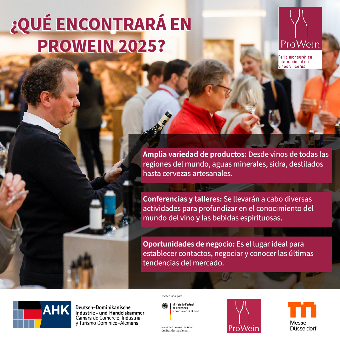 ¡Amplíe sus conocimientos y haga crecer su negocio en ProWein 2025! Del 16 al 18 de marzo en Düsseldorf, Networking, degustaciones y las últimas novedades del sector. ¡No se lo pierda! #ProWein2025 #Vino #Negocios #bebidas #AHKRepDom