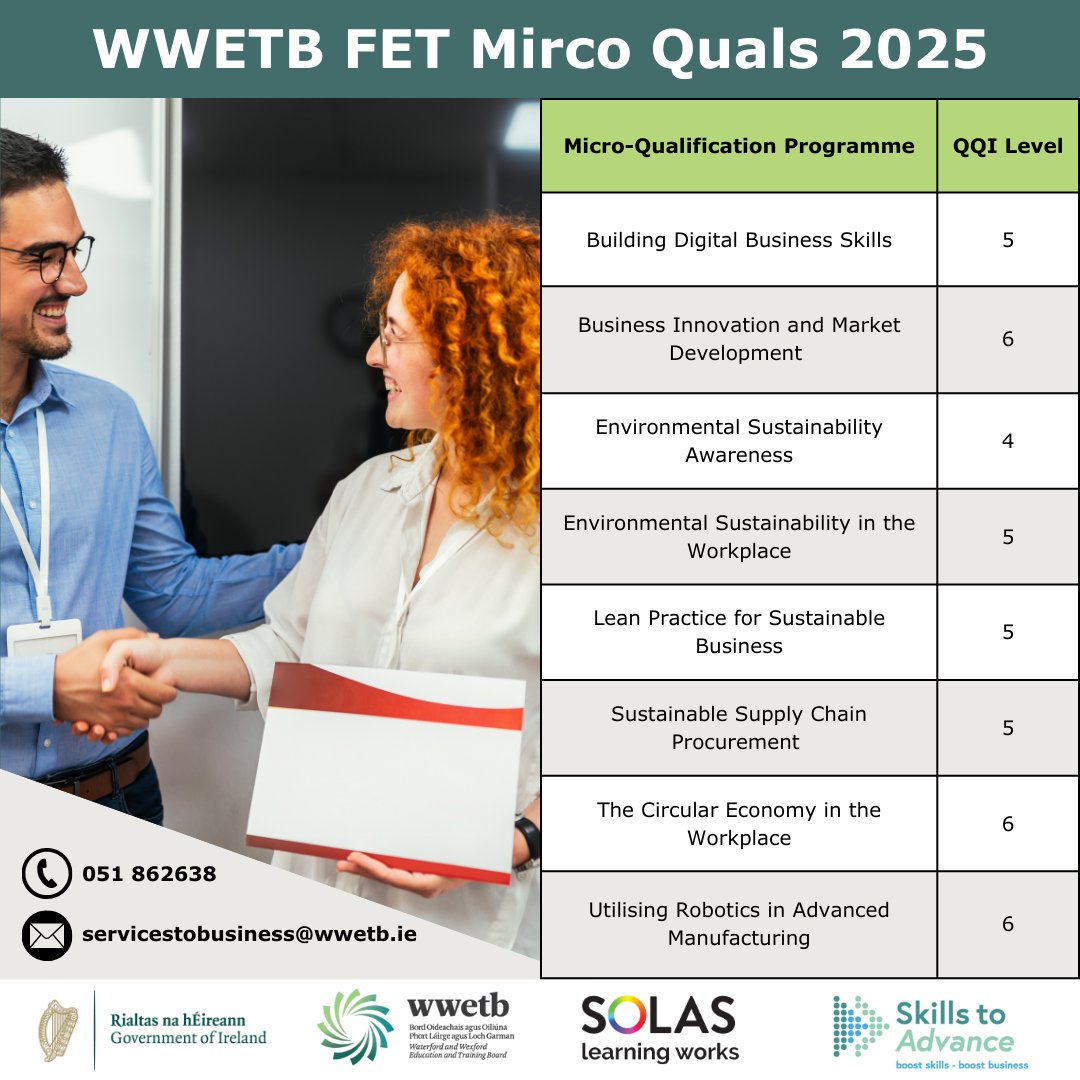WWETBofficial's tweet image. Futureproof your business today with #MicroQuals - short FET courses to support your employees to upskill.

Courses are fully accredited, stackable and available locally under the #SkillsToAdvance initiative. 

Find out more👉 📧 servicestobusiness@wwetb.ie 📞 051 862638