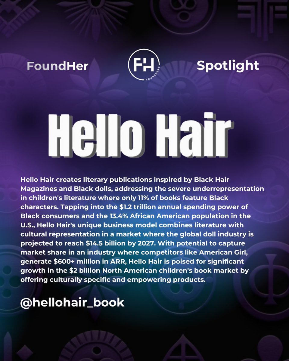Hello Hair creates books inspired by Black Hair Magazines and dolls, tackling underrepresentation in kids’ literature. Leveraging a $2B book market &amp; $14.5B doll industry, it empowers Black consumers, tapping into their $1.2T spending power and reshaping cultural representation.