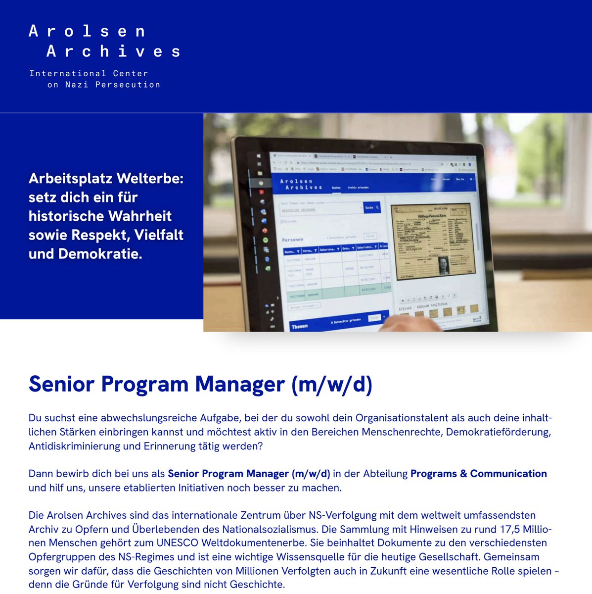 KULTweet (@tweet_kul) on Twitter photo 📣 Arolsen Archives | International Center on Nazi Persecution sucht Senior Program Manager (m/w/d) | #Bad #Arolsen
📅 Frist: 05.01.2025
➡️kultweet.de/jobs/Arolsen_A…
#Job #Stellenausschreibung #Geisteswissenschaften #Kulturjobs #Projektmanagement <a href="/ArolsenArchives/">Arolsen Archives</a> 📣 Arolsen Archives | International Center on Nazi Persecution sucht Senior Program Manager (m/w/d) | #Bad #Arolsen
📅 Frist: 05.01.2025
➡️kultweet.de/jobs/Arolsen_A…
#Job #Stellenausschreibung #Geisteswissenschaften #Kulturjobs #Projektmanagement <a href="/ArolsenArchives/">Arolsen Archives</a>