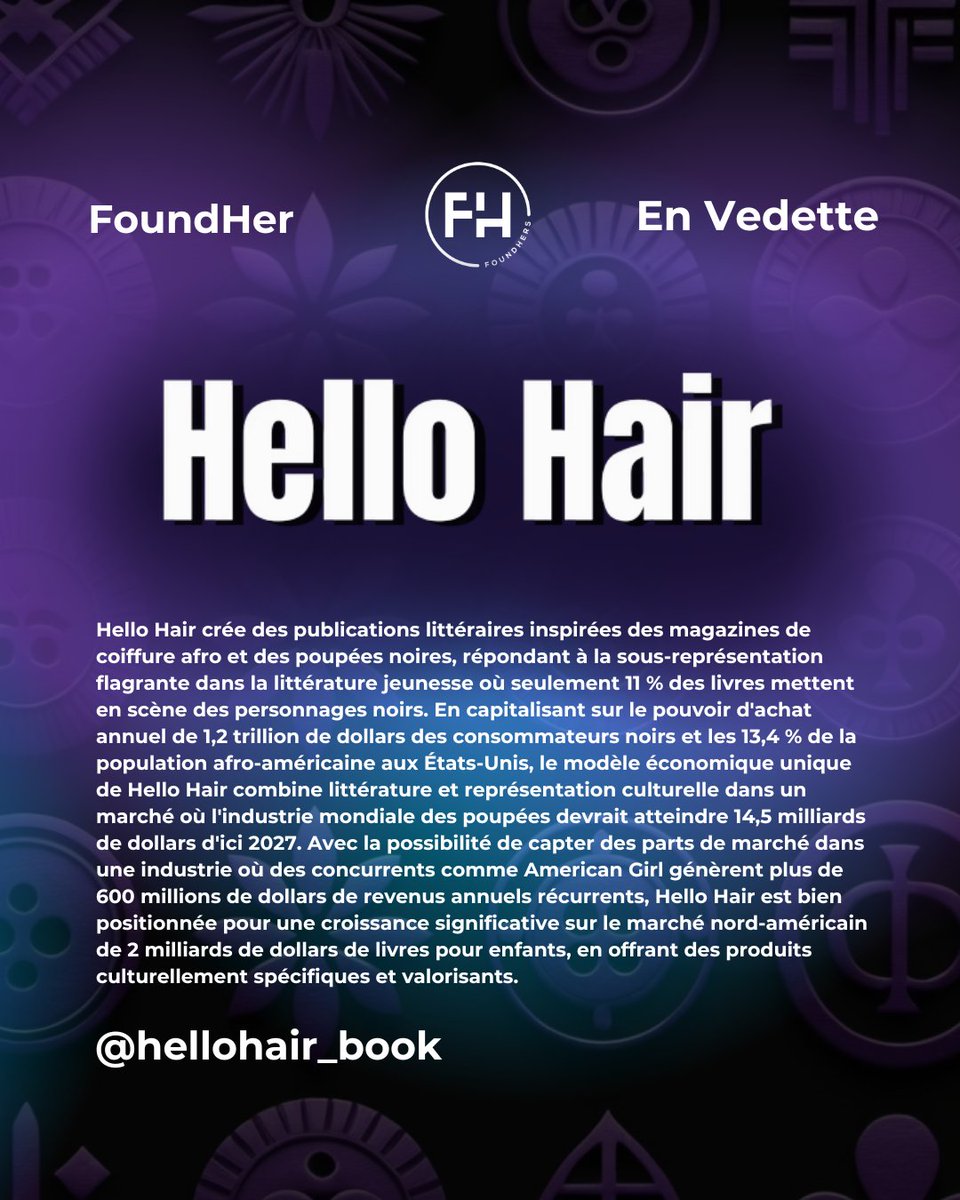 Hello Hair crée des livres inspirés des magazines capillaires et poupées noirs, pour combler le manque de représentation dans la littérature jeunesse. En exploitant un marché de 2 Md$ et 14,5 Md$, il valorise les consommateurs noirs et leur pouvoir d'achat de 1,2 T$.