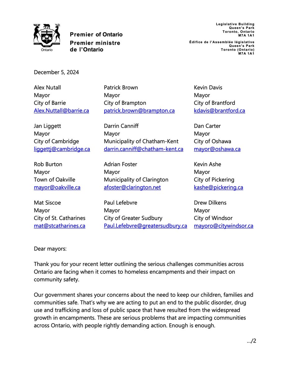 fordnation's tweet photo. Mayors from across Ontario have asked for our help to deal with homeless encampments that are taking over public spaces and making their communities unsafe. I agree. Enough is enough. 

Today, I let them know that we will be stepping up with new measures to protect communities and clear out encampments while getting people the help they need.