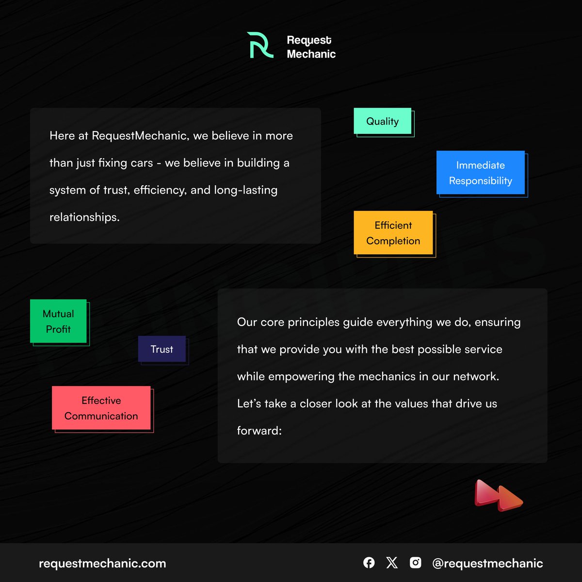 requestmechanic's tweet image. RequestMechanic is more than just car repairs – we’re guided by principles that matter. We prioritize trust, efficiency, and quality service at every step.
From swift responses to expert solutions, our mechanics are dedicated to keeping your car in top shape! 🚙