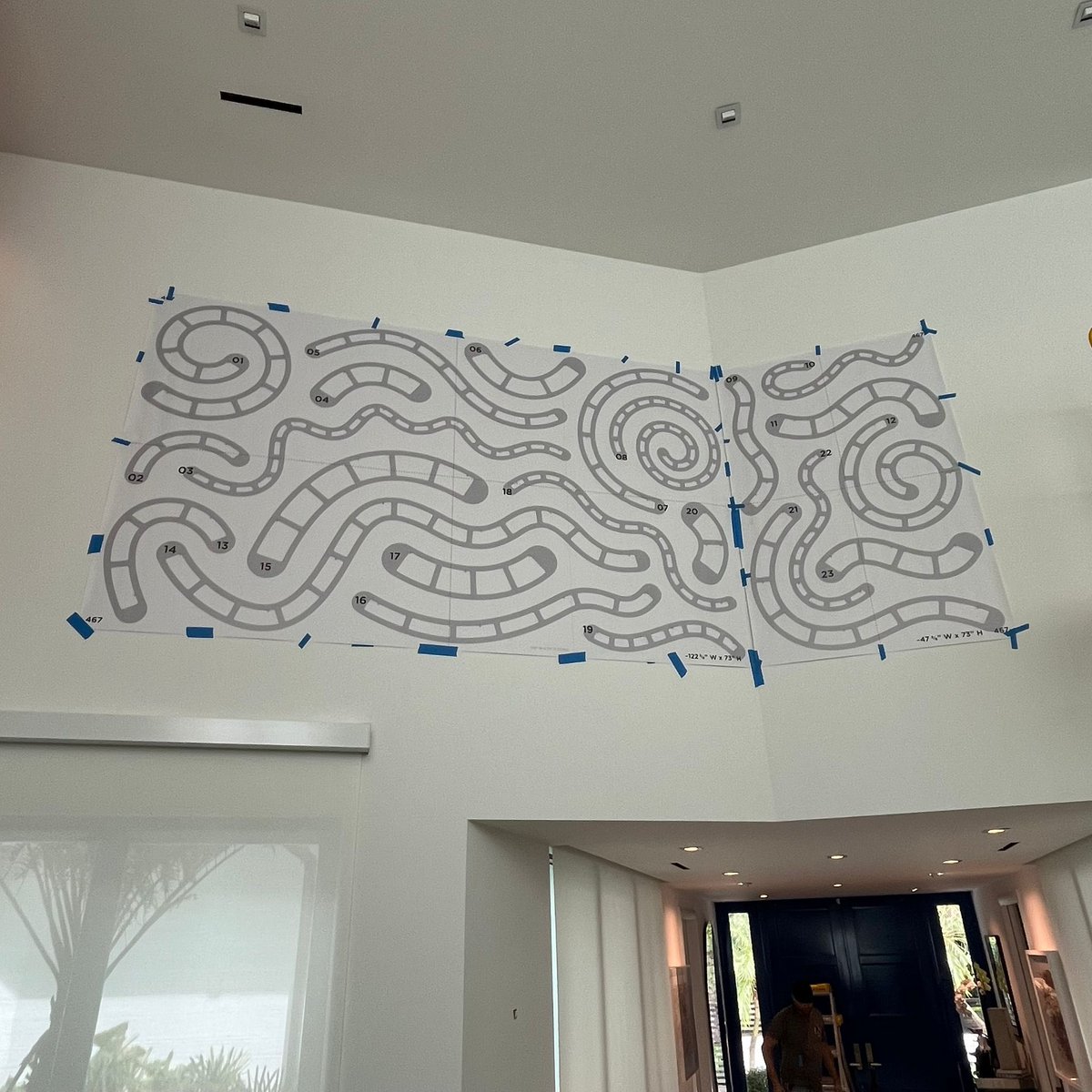 atelier4llc's tweet photo. Installing art is a process that demands precision and careful execution. See our trained technicians at Atelier 4 take the time to measure, plan, and install this vibrant Josh Sperling wall artwork of shaped canvases for a client’s residence in Miami. https://t.co/IqGkUpei8S