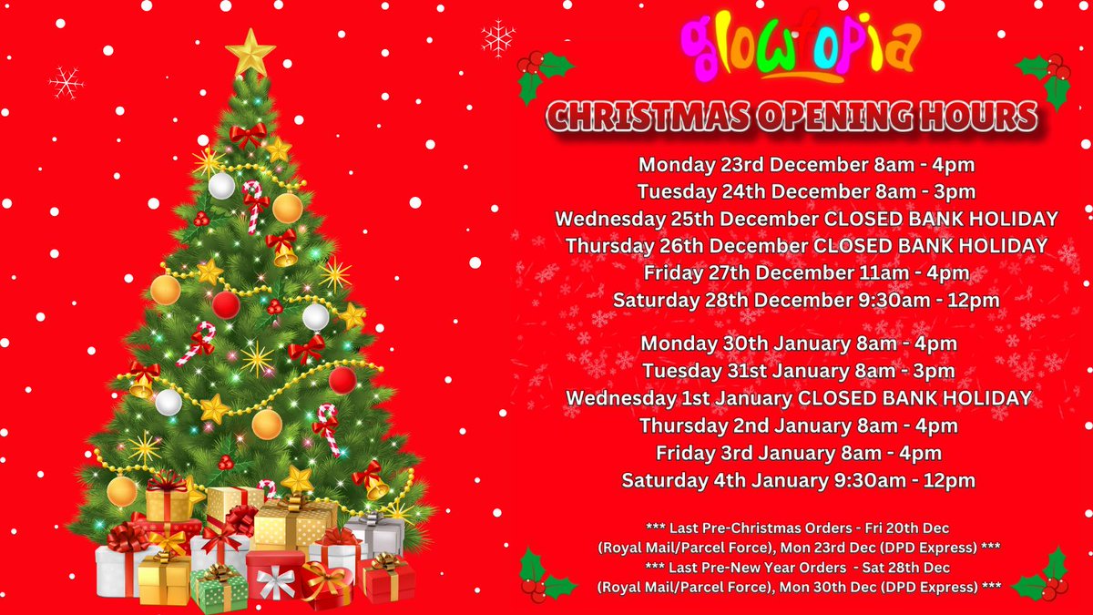 Glowtopia's tweet photo. It is nearly upon us again! Here are our Christmas opening times and last delivery dates! Good luck getting everything sorted in time! https://t.co/veohajaSVB