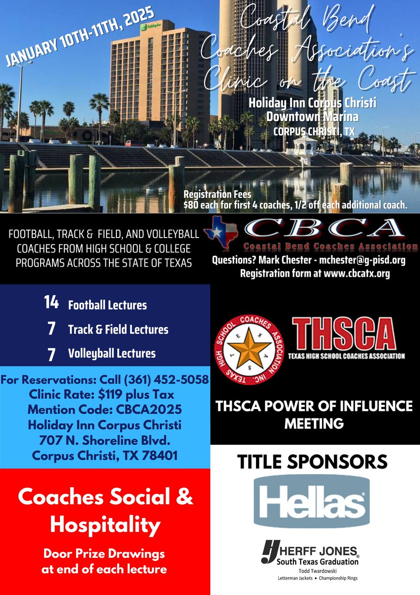 Coastal Bend Coaches Association (@cbcatx1) on Twitter photo CBCA Clinic on the Coast Jan 10-11th. Registration is now open, forms can be found at cbcatx.org. Bring your whole staff! Great lineup of Football, Volleyball & Track speakers plus lots more. See you there! <a href="/THSCAcoaches/">THSCA</a> <a href="/Matt_Stepp817/">Matt Stepp</a> <a href="/ChrisThomasson7/">Chris Thomasson - KIII Sports</a> CBCA Clinic on the Coast Jan 10-11th. Registration is now open, forms can be found at cbcatx.org. Bring your whole staff! Great lineup of Football, Volleyball & Track speakers plus lots more. See you there! <a href="/THSCAcoaches/">THSCA</a> <a href="/Matt_Stepp817/">Matt Stepp</a> <a href="/ChrisThomasson7/">Chris Thomasson - KIII Sports</a>