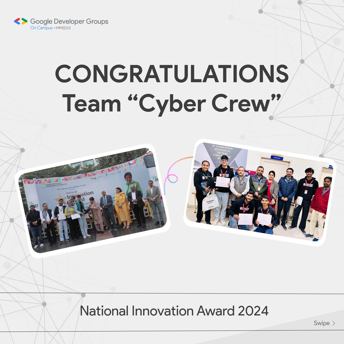 gdsc_mmdu's tweet photo. Big win for Team Cyber Crew from GDG MMDU! 🎉 Awarded by Dr. Kiran Bedi at the PIET National Innovation Award event for their incredible work. Proud of our innovators! 🚀💻
#GDGMMDU #Hackathon2024 #TechForGood #KiranBedi https://t.co/zAlPH8FuIu