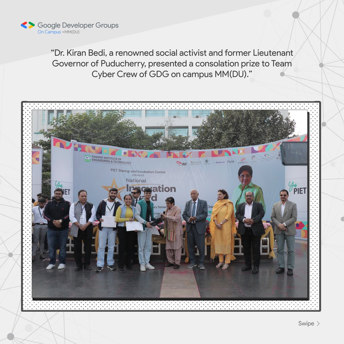 gdsc_mmdu's tweet photo. Big win for Team Cyber Crew from GDG MMDU! 🎉 Awarded by Dr. Kiran Bedi at the PIET National Innovation Award event for their incredible work. Proud of our innovators! 🚀💻
#GDGMMDU #Hackathon2024 #TechForGood #KiranBedi https://t.co/zAlPH8FuIu