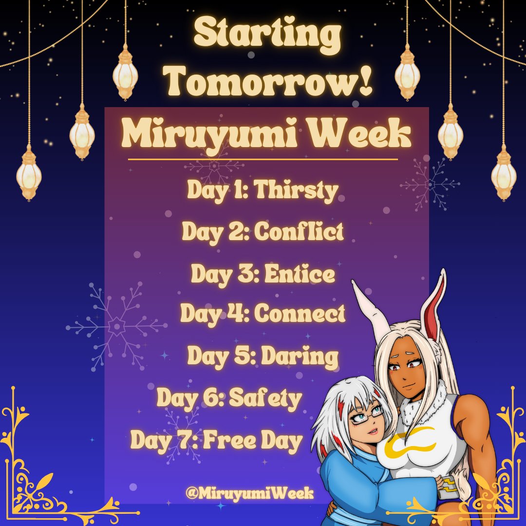 MiruyumiWeek's tweet photo. Miruyumi Week starts tomorrow! #bnha #wlw #bnhafemslash #bnhaevents https://t.co/mThkKKzwYl