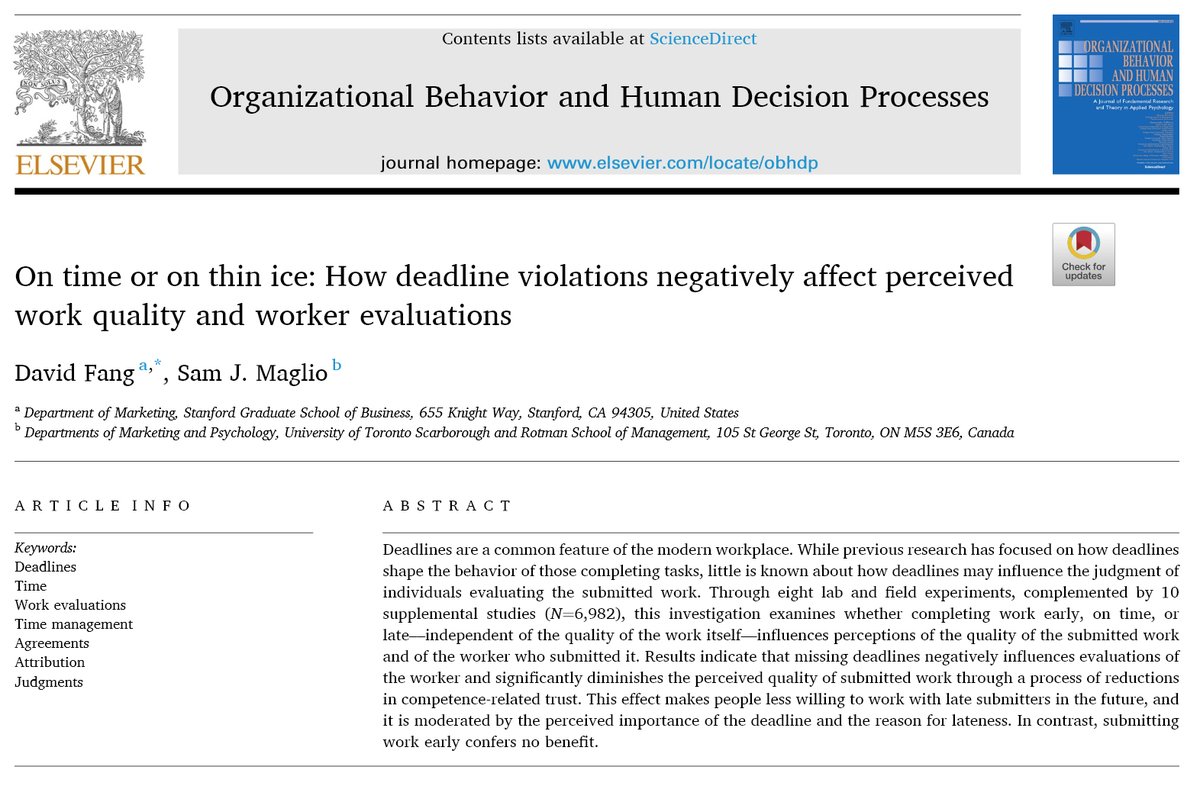 Good news for everyone who's overcommitted: There isn’t a bonus for finishing a task early.

New evidence: Although missing deadlines is penalized, beating them isn't rewarded.

Being done ahead of schedule is not a badge of honor. Nothing worth doing is worth rushing to finish.