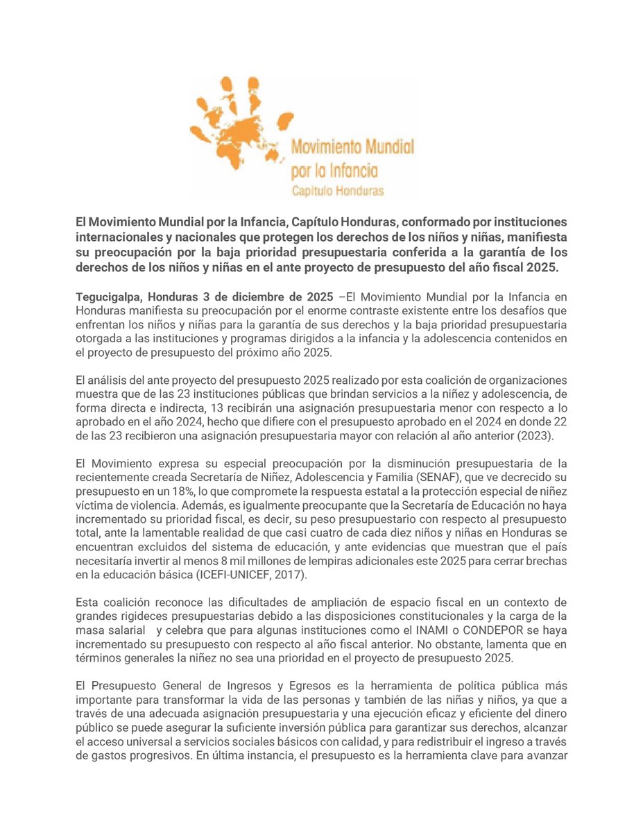 SaveChildrenHN's tweet photo. Comunicado
Preocupación por la baja prioridad a los derechos de las niñas y niños en el presupuesto del año fiscal 2025. Urgimos al gobierno a aumentar los recursos para el desarrollo de proyectos de bienestar y desarrollo para el beneficio de todas las niñas y niños de Honduras. https://t.co/HAI7Jn82Zc