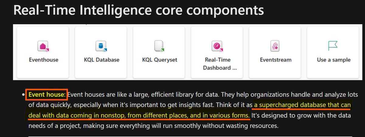 ShbWatson's tweet image. Here is my favorite explanation of Event House from #MicrosoftLearn: &quot;A supercharged database that can deal with data coming in nonstop, from different place, and in various forms.&quot; #RealTimeIntelligence #MicrosoftFabric #EventHouse learn.microsoft.com/en-us/training…