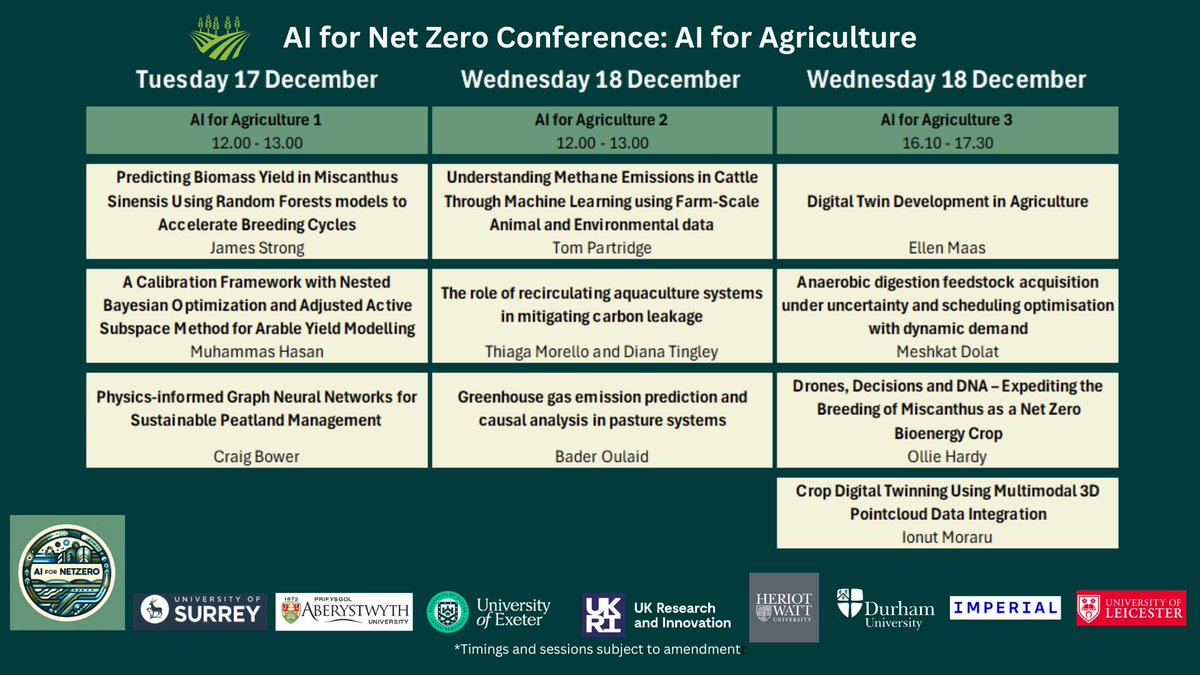 ADD_TREES's tweet image. Take a look at the titles for the upcoming talks under the 'AI for Agriculture' theme. Come and join us at #AI4NZ conference for these and many more! Register by 12th Dec: netzeroplus.ac.uk/conference-reg…