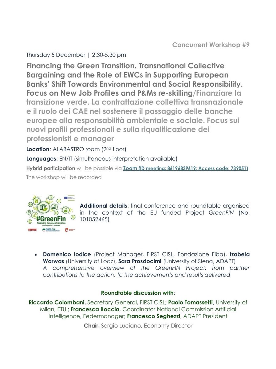 ProsdocimiSara's tweet photo. Now at #adaptconference2024 the final conference of the #GreenFin project:
"Financing the Green Transition. Transnational #CollectiveBargaining and the Role of #EWCs in Supporting European Banks’ Shift Towards Environmental and Social Responsibility". https://t.co/wcct9sl58r