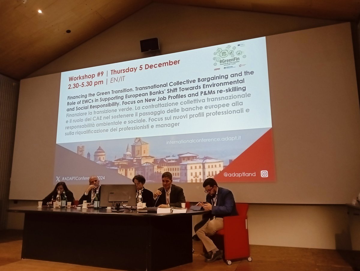 ProsdocimiSara's tweet photo. Now at #adaptconference2024 the final conference of the #GreenFin project:
"Financing the Green Transition. Transnational #CollectiveBargaining and the Role of #EWCs in Supporting European Banks’ Shift Towards Environmental and Social Responsibility". https://t.co/wcct9sl58r