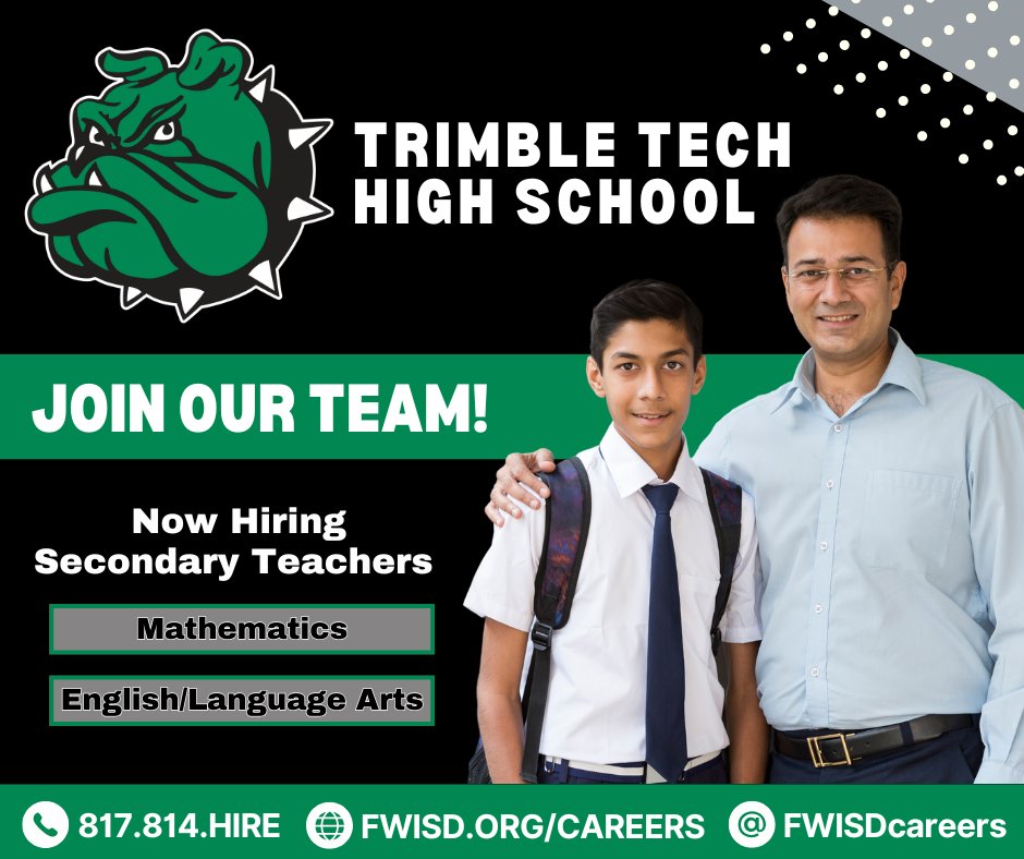 FWISDCareers's tweet photo. Green B. Trimble Technical High School is on the hunt for dynamic secondary educators in Math and English/Language Arts! ✏️📐

Ready to make a difference and join the legendary Bulldog Family? 💚 Don’t wait—your dream job is just a click away: https://t.co/odsucIj8r0 https://t.co/eSLrbAudKL