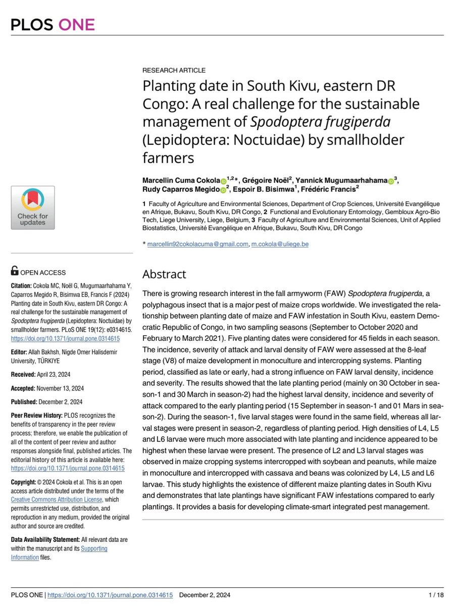 Observed climate change on a regional scale: how will it affect the sustainable management of pests, in this case the fall armyworm, on smallholder farms in eastern Democratic Republic of Congo?
#FAW #IPM

Download the free article at:
journals.plos.org/plosone/articl…

<a href="/AgroBioTech/">Gembloux Agro-Bio Tech</a> #UEA