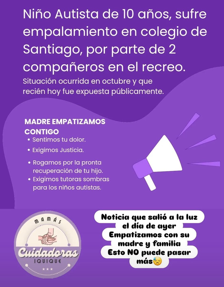 TEA de 10 ... #Iquique ni perdón, ni olvido. Reconocimiento legal de las tutoras sombras para TODOS los niños autistas. Financiamiento por asistencia, acompañamiento y seguridad en las escuelas. Estudiar seguro es un DERECHO!! Justicia para ese pequeño niño autista!!