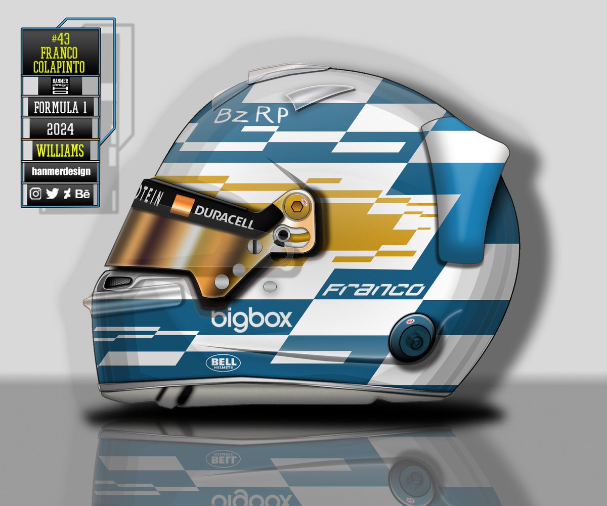 hanmerdesign's tweet photo. Franco Colapinto helmet concept.

Argentinian flag colours and used his logo design for the angled stripe work.  Hints of the chequered flag and his initials hidden within. 

#motorsport #formula1 #f1 #williamsf1 #f12025 #f12024 #colapinto  #helmetdesign #helmet #bellhelmets https://t.co/qe1hHGjNA8