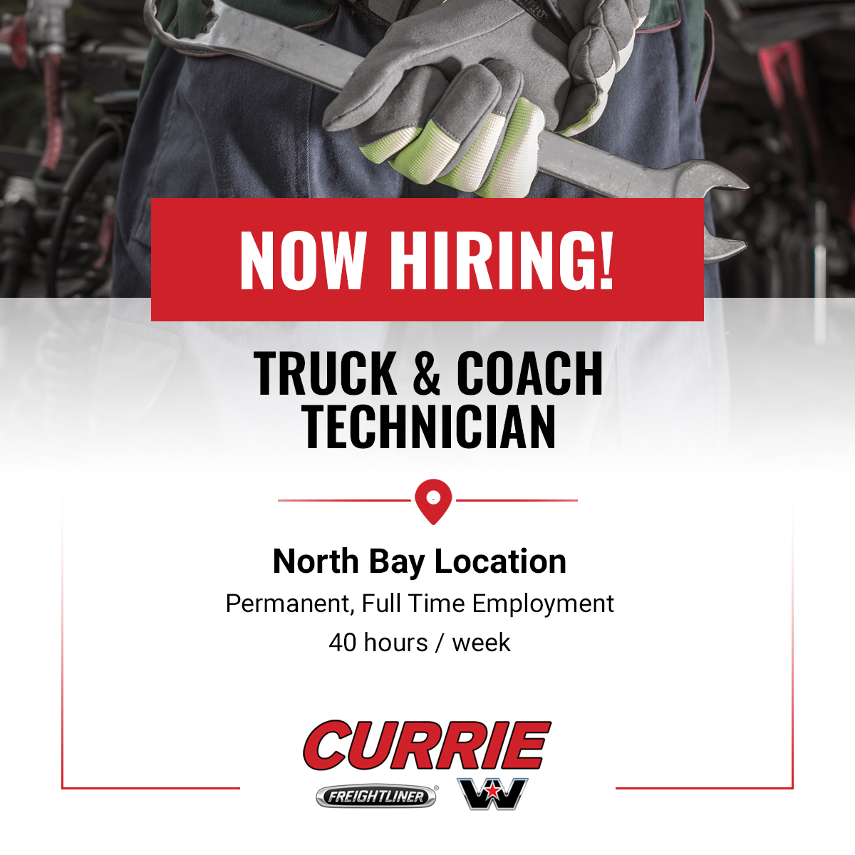 Now Hiring: We're looking for a skilled Truck &amp; Coach Technician for full-time #employment at our #Northbay #Ontario location. Learn more and apply to #work with us at currietruckcentre.com/join-the-team/