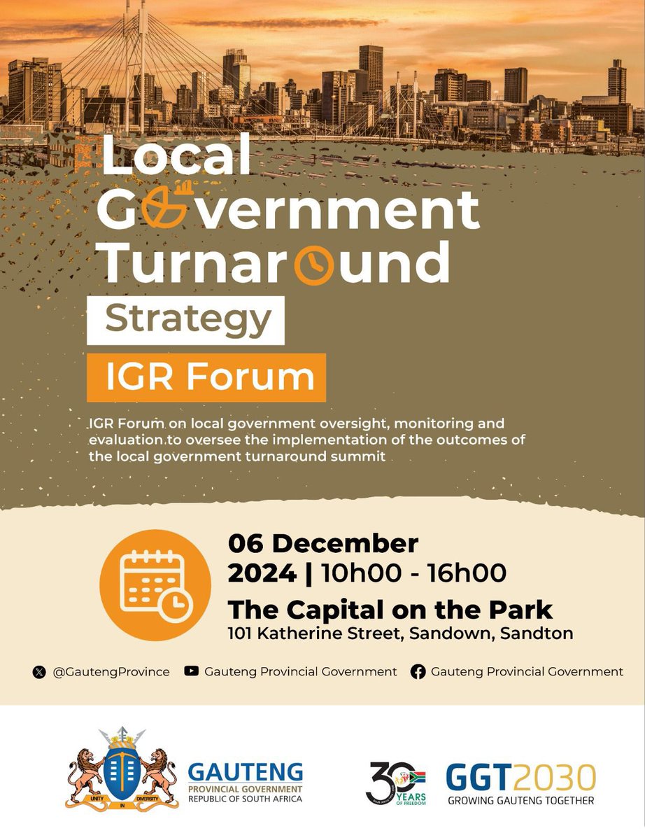 GDCoGTA's tweet photo. The Local Government Turnaround Strategy IGR Forum is happening tomorrow 6 December 2024 , between 10h00 to 16h00 at The Capital , Sandton.
#IGRForum #LGTStrategy https://t.co/uR30VYDkmp