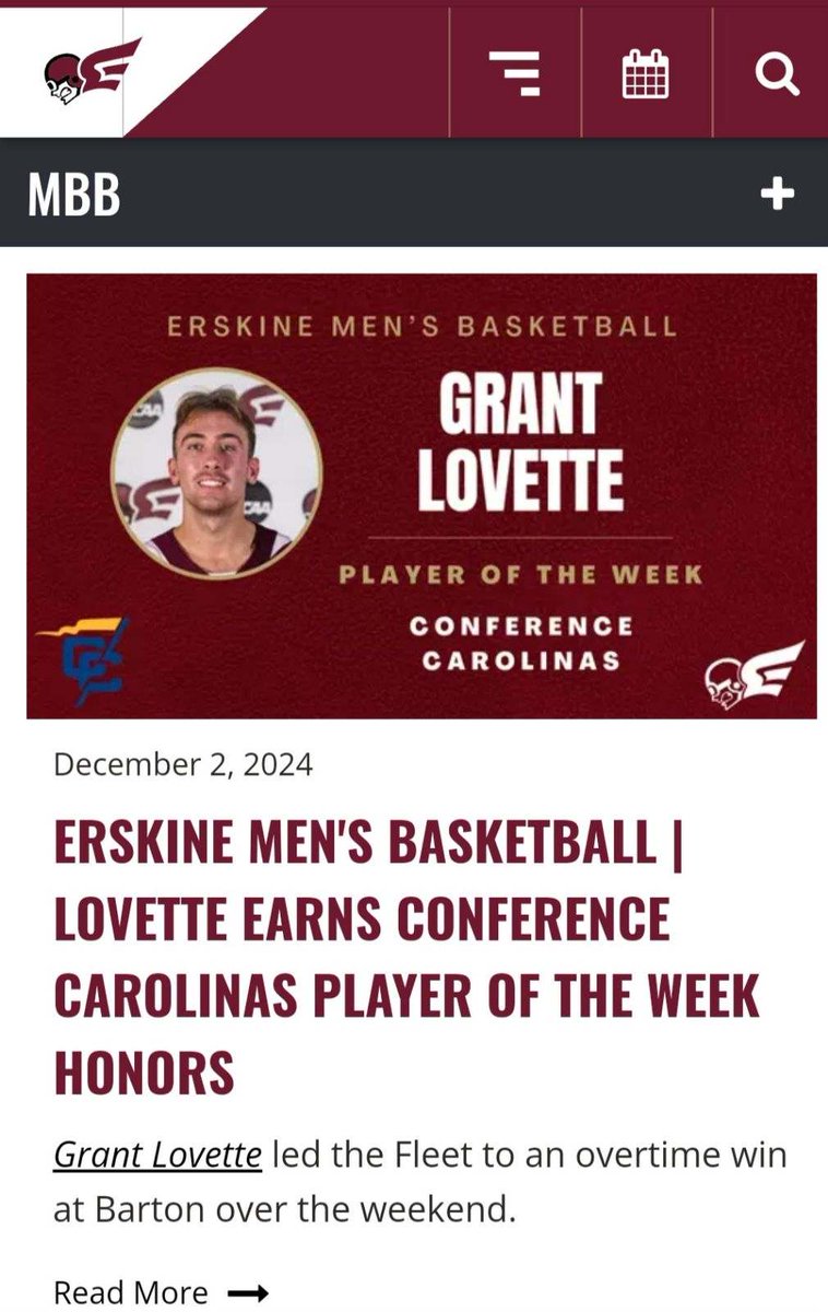 CatawbaBBall's tweet photo. Awesome Alumni Update!

C/O '23 Copperhead Grant Lovette was named Carolinas Conf. Player of the Week for his play last week averaging 24.5 ppg/9.5 rpg, including a career hi 35 pts v. Barton!  

Way to play Grant!  @LovetteGrant is crushing his soph season at Erskine!! https://t.co/mRKQS5U6eW