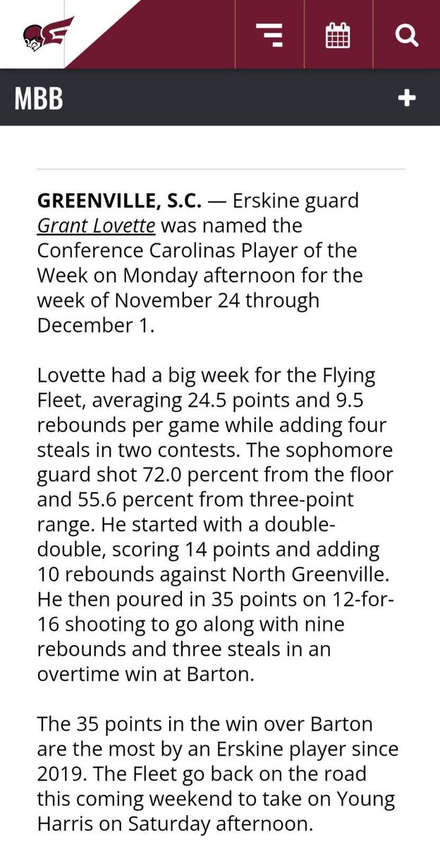 Awesome Alumni Update!

C/O '23 Copperhead Grant Lovette was named Carolinas Conf. Player of the Week for his play last week averaging 24.5 ppg/9.5 rpg, including a career hi 35 pts v. Barton!  

Way to play Grant!  <a href="/LovetteGrant/">Grant Lovette</a> is crushing his soph season at Erskine!!
