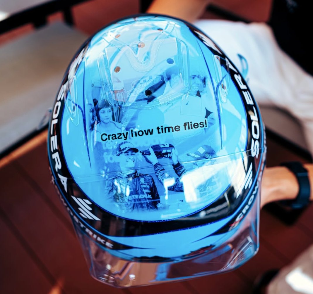 fiagirly's tweet photo. George Russell’s special helmet for Lewis Hamilton’s last race with Mercedes.

“See you on track, Lewis.” 
“Crazy how time flies!”

🩵 https://t.co/LUqOFbLkn4