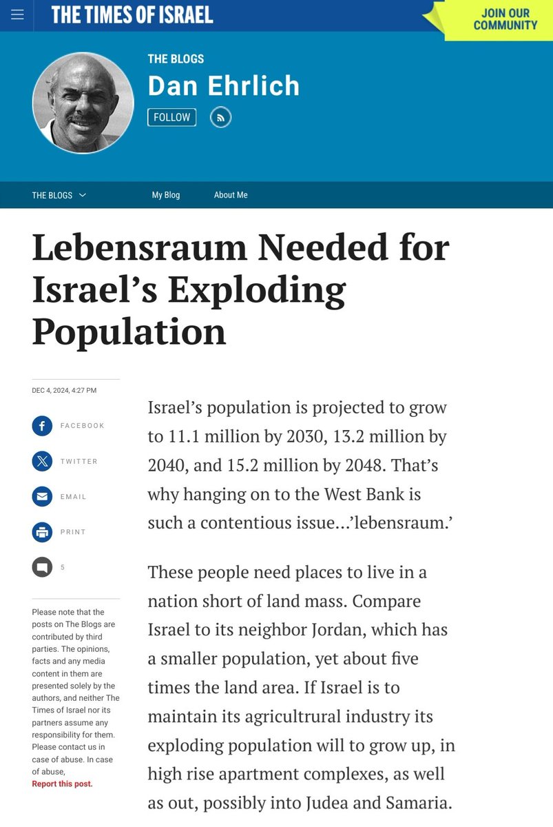 If it wasn't already obvious that the genocidal Israeli regime is fascist, its major newspaper the Times of Israel published a blog post that invoked Hitler, demanding Nazi-style "lebensraum" (land they will steal from Palestinians).

They took it down, but it's archived here: