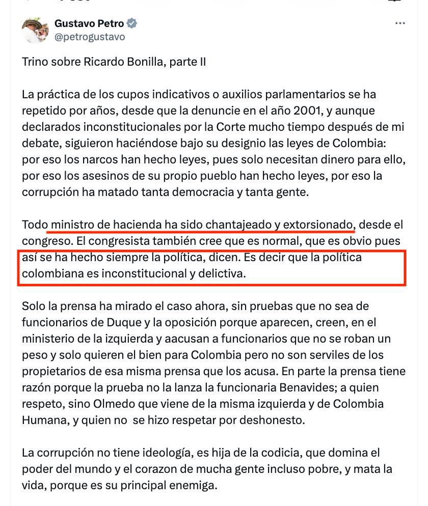 MariaFdaCabal's tweet photo. Esta es la aceptación explícita que confirma que Petro sabía todo lo que hacía su Ministro de Hacienda Ricardo Bonilla. Si la “política colombiana es inconstitucional y delictiva” ¿por qué permitió lo que pasó en la UNGRD y ahora en el Min Hacienda? 

Aquí la defensa de Petro es precaria. Es decir que porque otros “cometen delito” ellos también lo pueden hacer.