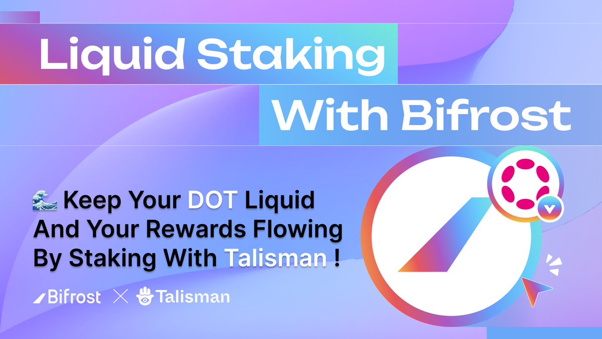 wearetalisman's tweet photo. Maximize your DOT impact with the Talisman x @Bifrost Liquid Staking Quest. 🚰
With liquid staking on Talisman, you get:
🌟 Freedom to stay liquid
🌟 Rewards from staking and Talisman XP
🌟 Power to explore DeFi without limits
More rewards, less hassle. 👌
Let's go 🧵: https://t.co/S3VA59Wlir
