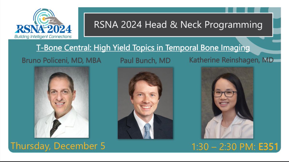 Hillary Kelly, MD (@hillaryrkelly) on Twitter photo Closing out #RSNA24 H&N programming this afternoon! Join us in E351 at 1:30pm for a super high yield temporal bone session:
Moderated by Dr. Mohit Agarwal of <a href="/thecortexclub/">The Cortex Club</a> fame
<a href="/bpoliceni/">Bruno Policeni</a> - anatomy & PC-CT
<a href="/pbunchmd/">Paul M. Bunch, MD</a> - imaging in hearing loss
<a href="/klreinshagen/">Katherine Reinshagen</a> - imaging in tinnitus Closing out #RSNA24 H&N programming this afternoon! Join us in E351 at 1:30pm for a super high yield temporal bone session:
Moderated by Dr. Mohit Agarwal of <a href="/thecortexclub/">The Cortex Club</a> fame
<a href="/bpoliceni/">Bruno Policeni</a> - anatomy & PC-CT
<a href="/pbunchmd/">Paul M. Bunch, MD</a> - imaging in hearing loss
<a href="/klreinshagen/">Katherine Reinshagen</a> - imaging in tinnitus