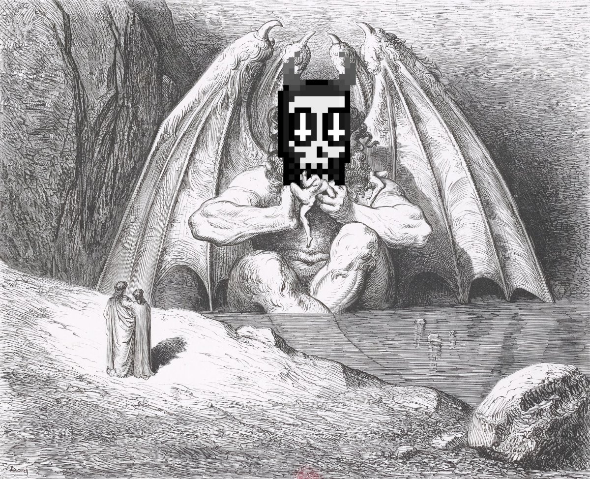 With his three mouths he kept so busy chewing, 
that to the sinners he was making pulp 
he brought no respite from their agony.