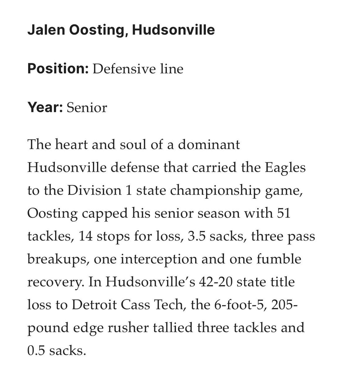 Jalen (@jalenoosting_10) on Twitter photo Honored to be named First Team Grand Rapids Mlive Dream Team! All Glory to God! #EaglePride <a href="/Hudsyfootball/">Hudsonville Football</a> <a href="/PowerStrengthTS/">PowerStrength Training Systems</a> Honored to be named First Team Grand Rapids Mlive Dream Team! All Glory to God! #EaglePride <a href="/Hudsyfootball/">Hudsonville Football</a> <a href="/PowerStrengthTS/">PowerStrength Training Systems</a>