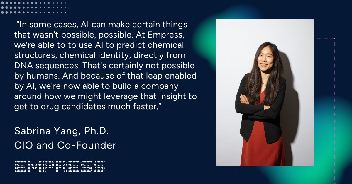 Could AI change the paradigms of drug discovery? Definitely, argues Empress co-founder &amp; CIO Sabrina Yang. Not only can it drive speed and cost savings, #AI is already enabling things that were not possible before, such as directly predicting chemical structures from DNA