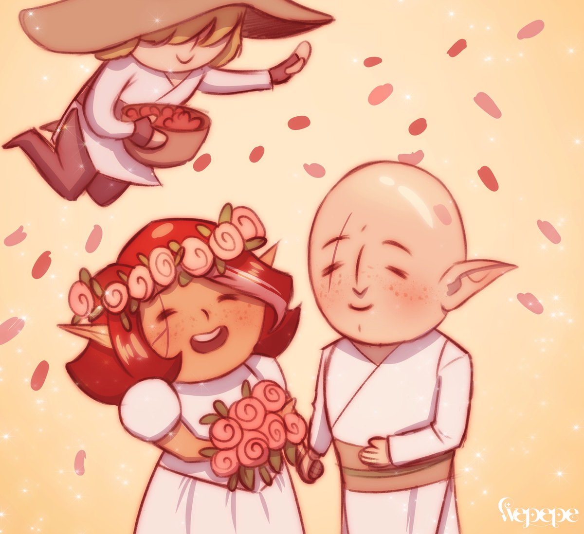 #veilguardspoilers 
THEY’RE MARRIED NOW!

(wedding outfit and flowers sponsored by Wisp Wedding Organizer)
#solavellan #solas #lanialavellan #cole #wepepedraws #dragonage