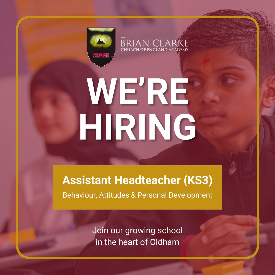 BrianClarkeAcad's tweet photo. 🌟Exciting Opportunity! We're hiring an Assistant Headteacher! Lead with ambition, shape young lives, & thrive in our inclusive, multi-faith community.
📅Apply by 9am, 9 Jan 2025
🔗 https://t.co/bow4ZmJkoe
Join us & let your light shine! ✨#GetOldhamWorking https://t.co/7MMs0plDvv
