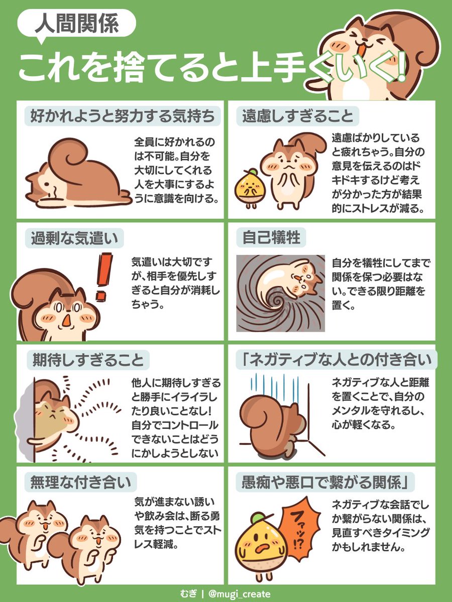 mugi_create's tweet photo. ドキドキした��ともあるけど、結局ストレスなくすなら捨てるしかない🐿

ちなみに会社の忘年会を断るぞ！と意気込みすぎて
「飲み会なんだけど「すみません、その日予定あって」「いや、まだ日にち言ってないｗｗ」と笑われたことがあります https://t.co/YPAV3iHjmC
