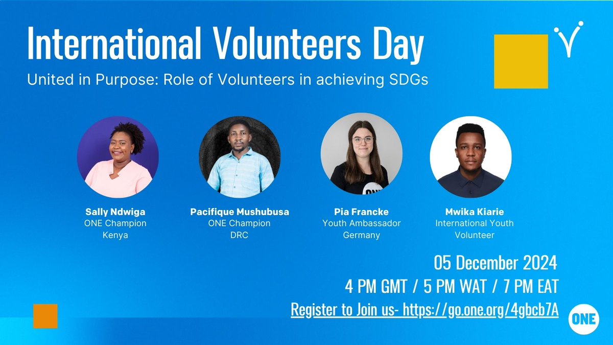 ONEinAfrica's tweet photo. It’s D-Day! Happy International Volunteer Day. 🎉

ONE HOUR TO GO!⏳

Join @ONE activists today in celebrating #IVD2024 in a panel discussion sharing their experiences!

📅 Date: December 5, 2024
⏰ Time: 5:00 PM West African Time
🔗 Register here: https://t.co/WkuKZ3HXpe

#ONEActivists #InternationalVolunteerDay