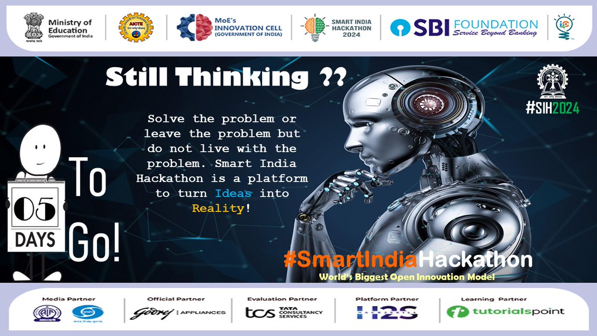 5 days to go!!

"Solve the problem or leave the problem but do not live with the problem." Join the Biggest Innovation Festival of India! Smart India Hackathon  (Software Edition) 2024 is gearing up to celebrate India’s brightest minds,here ideas come alive &amp; future takes shape!