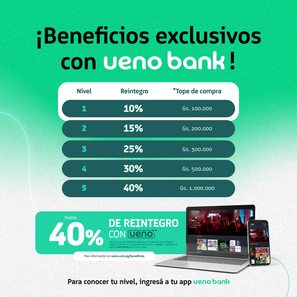 ¡Recordá que comprando tus entradas desde nuestra web disfrutás de beneficios exclusivos con ueno bank! 🎉✨
Elegí tus eventos favoritos en: tuti.com.py
💚🎫
Bases y condiciones en: ueno.com.py