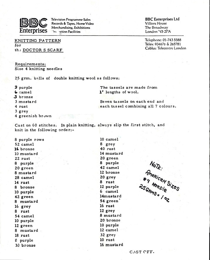 DoctorWhoPN's tweet photo. In a document from the early 1980s, the BBC shares step-by-step instructions for knitting the iconic Fourth Doctor scarf. https://t.co/D1Wn14ivUN
