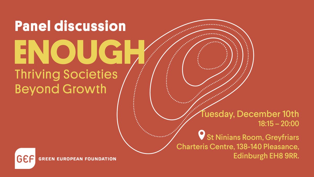 As the world faces ecological &amp; social challenges, it's clear that growth-centered models like the #EGD can't provide true justice for people &amp; the planet.

It’s time to ask: what does #wellbeing look like?

🌐Online participation possible.

🔗Register: link.gef.eu/enough-book-to…