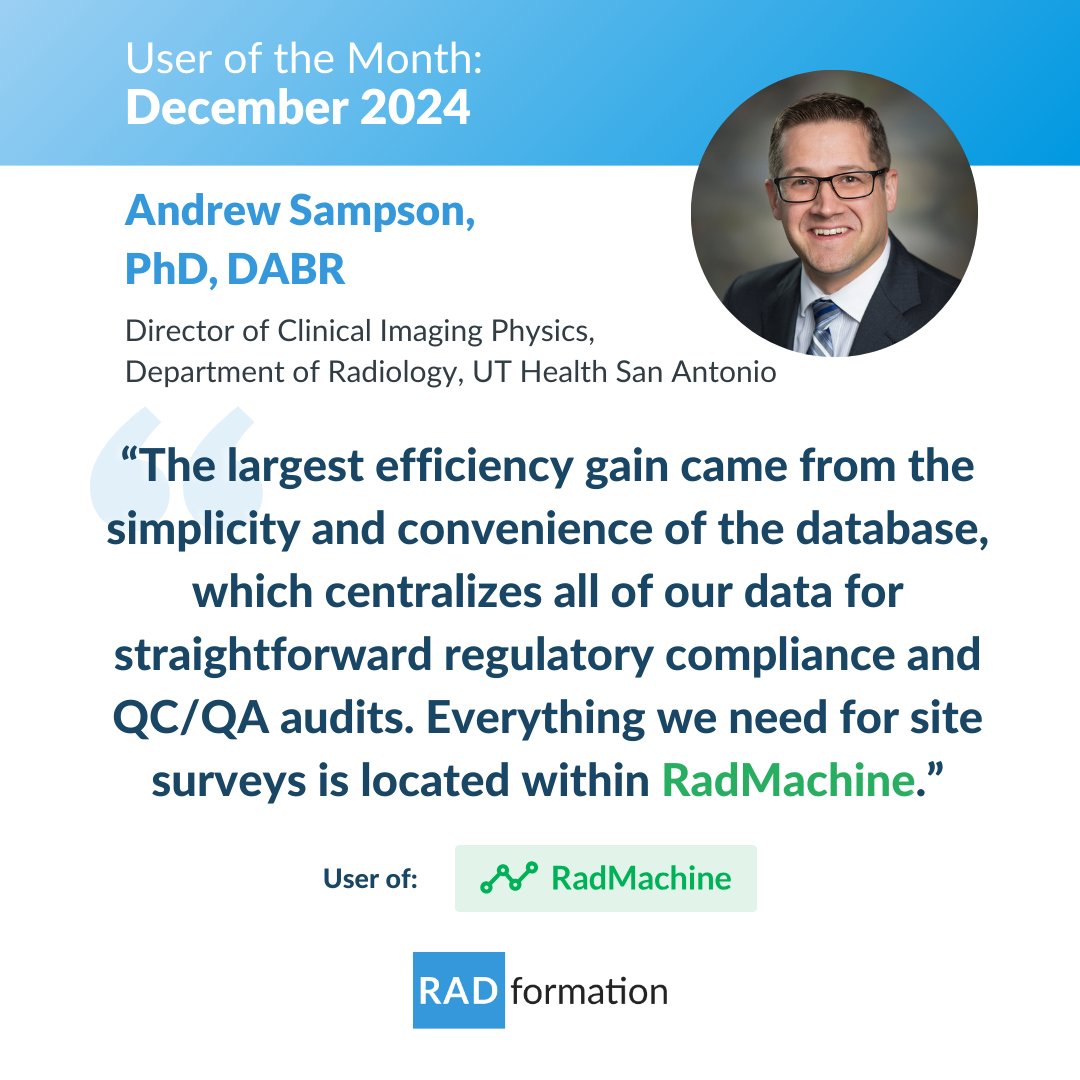 Radformation's tweet photo. 🎉 Meet our December User of the Month: Andrew Sampson, PhD, DABR! Andrew says, "Everything we need for site surveys is located within RadMachine." 💡 Read the full article here: https://t.co/oU0GoKskl0 #radmachine #medphys https://t.co/1aXan6F34y